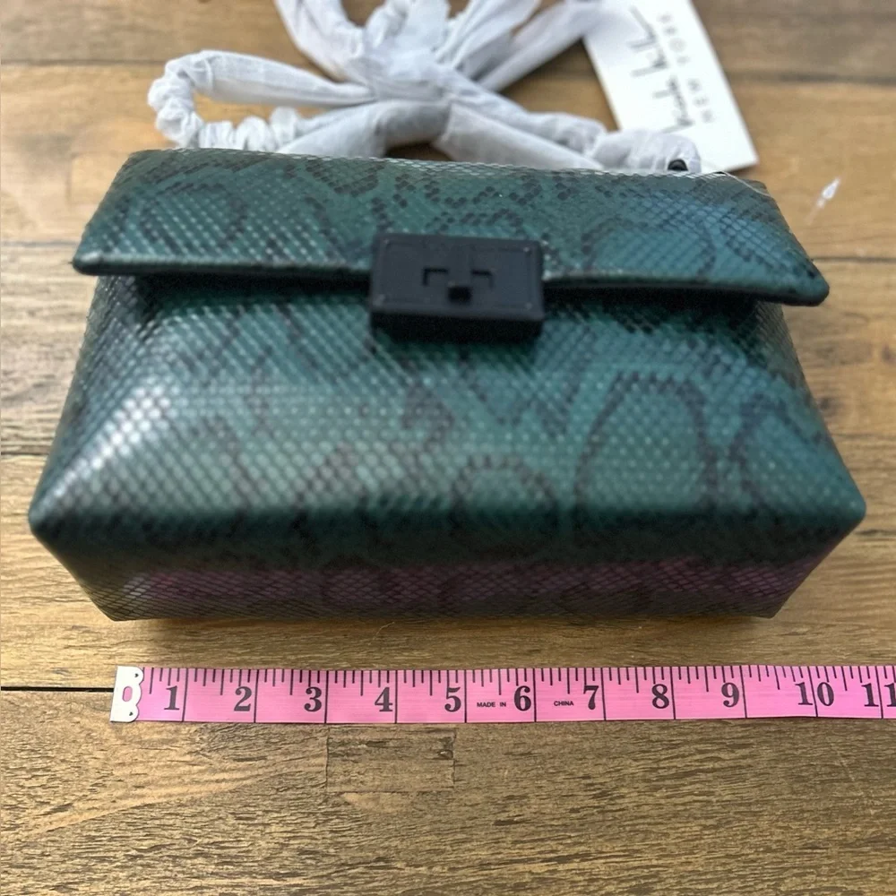NICOLE MILLER Green Snakeskin Embossed Foldover Clutch with  Black Chain Strap